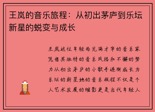 王岚的音乐旅程：从初出茅庐到乐坛新星的蜕变与成长
